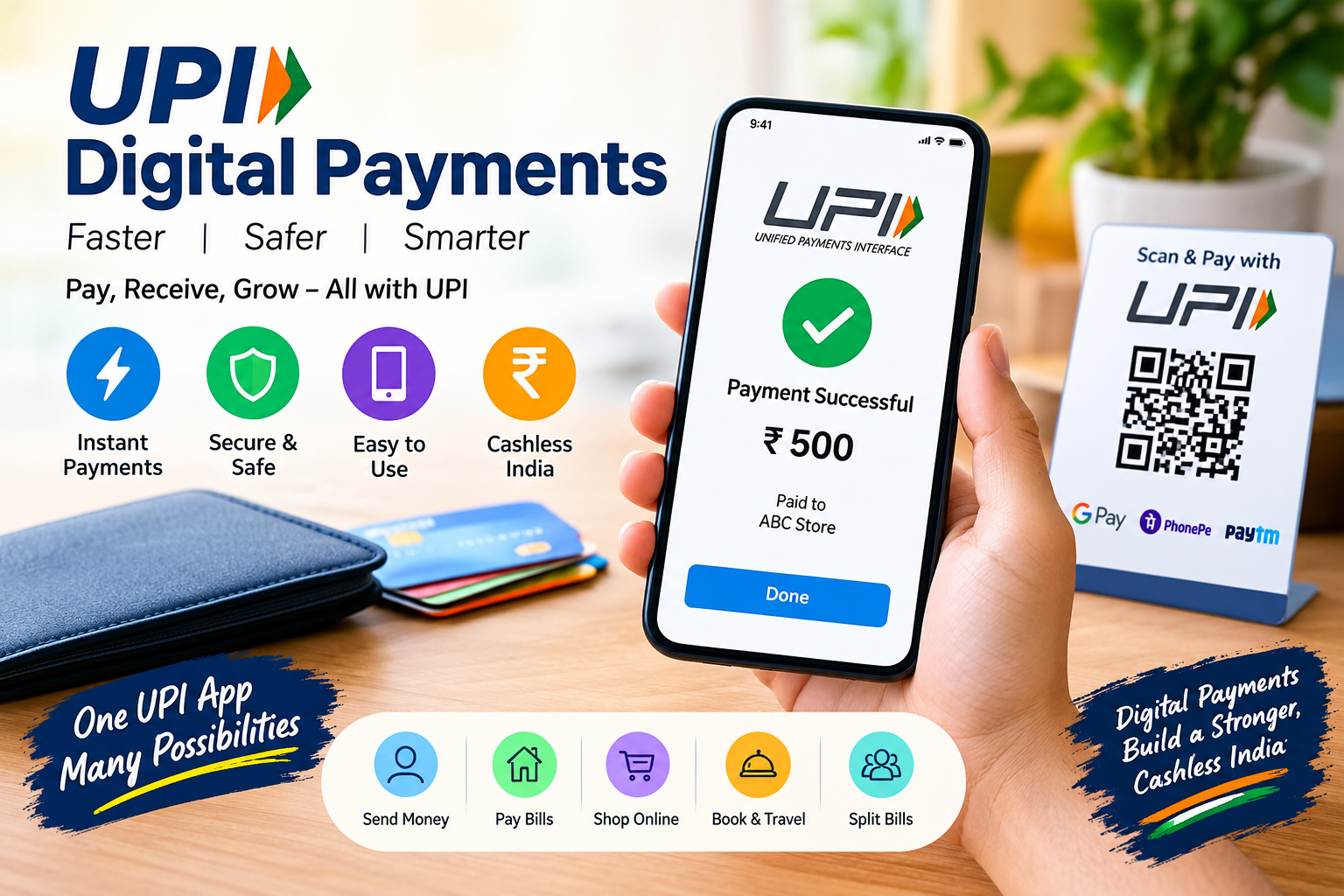UPI and digital payments in India showing a successful ₹500 payment on a smartphone, QR code scanning, instant payments, secure transactions, and cashless digital payment features.